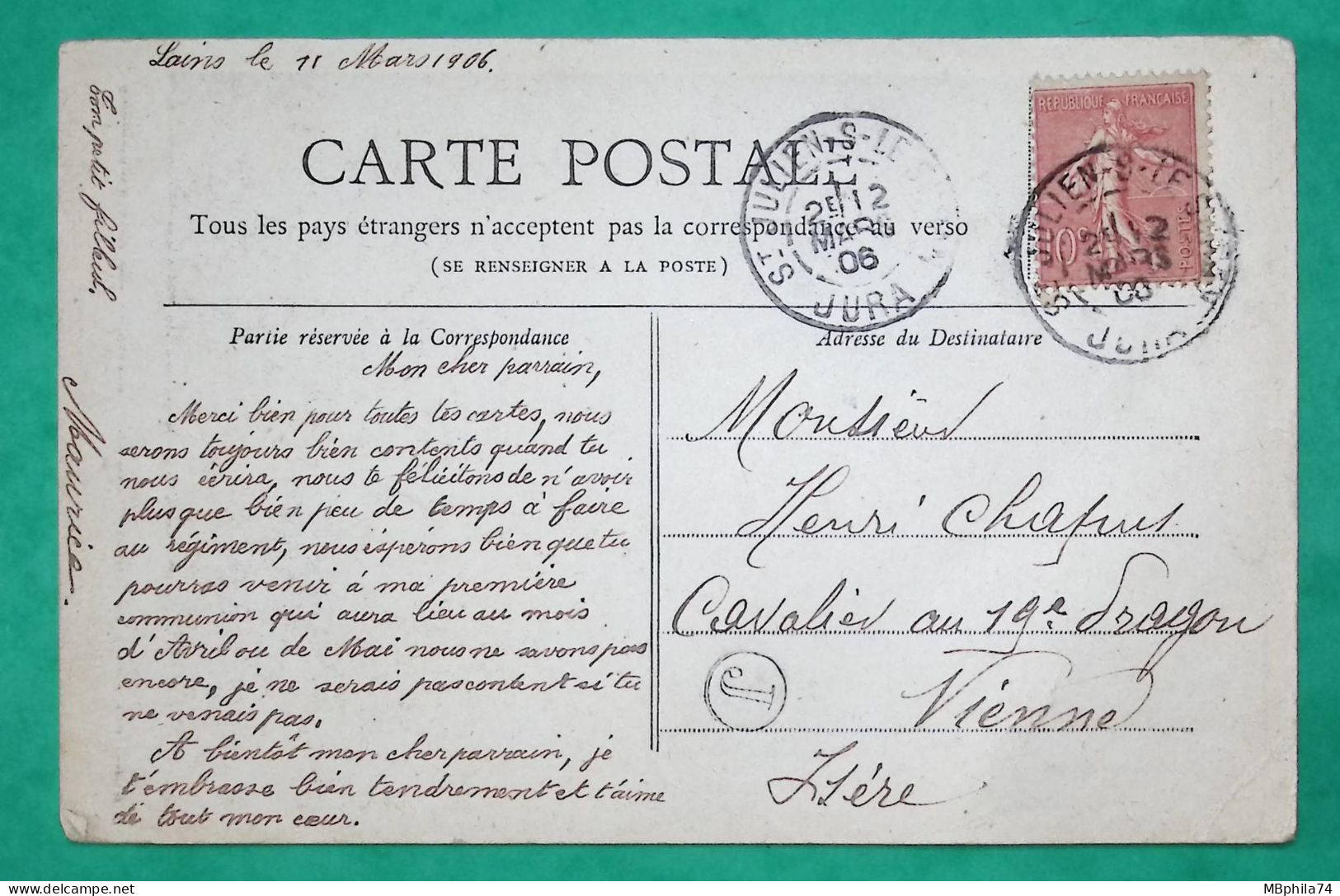 N°129 SEMEUSE CARTE POSTALE ST JULIEN SUR SURAN JURA BOITE RURALE J LAINS POUR VIENNE ISERE 1906 LETTRE COVER FRANCE - 1903-60 Sower - Ligned