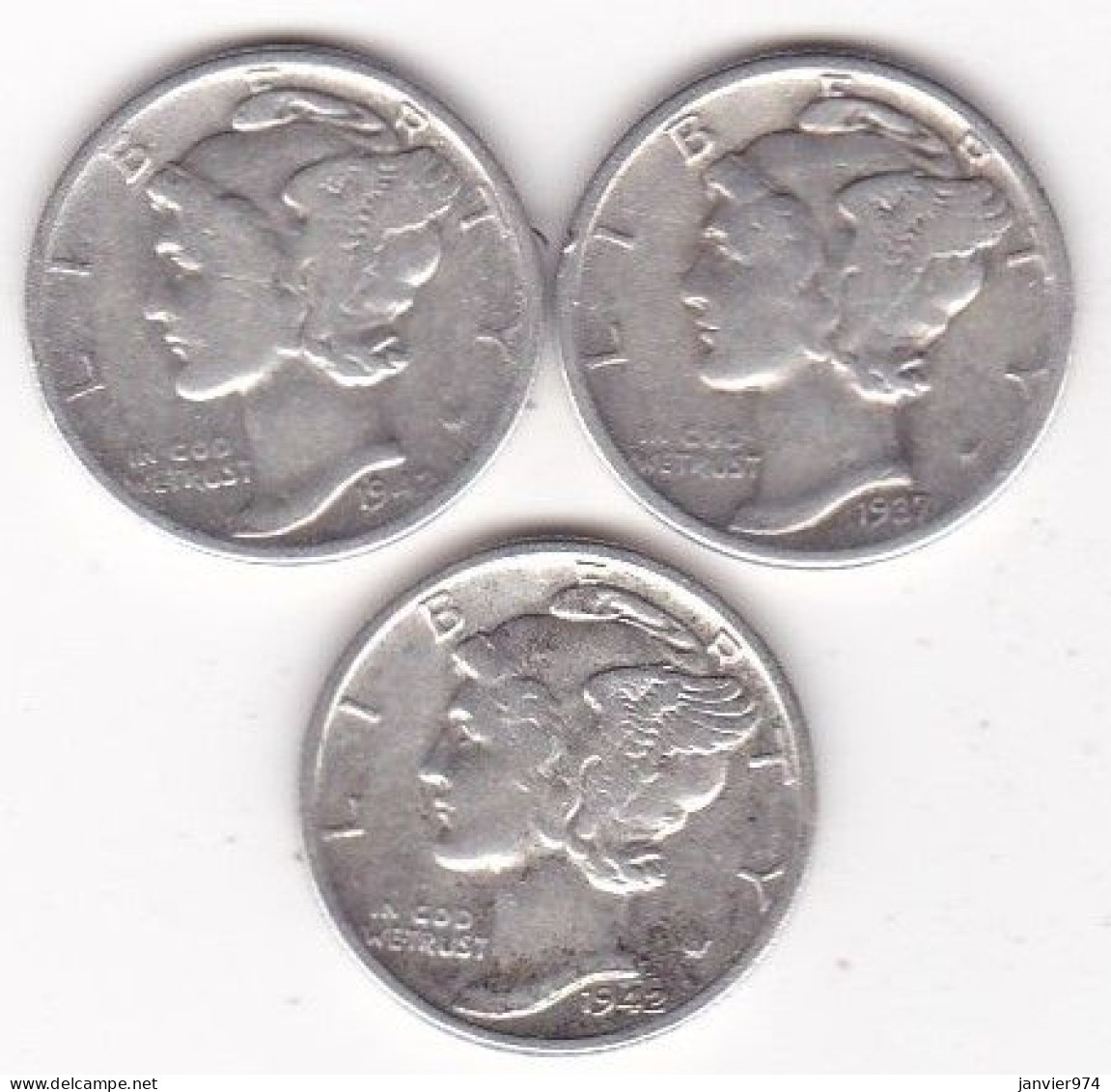 Etats-Unis.  Lot De 3 Pièces De Monnaie, Mercury, En Argent - 1916-1945: Mercury