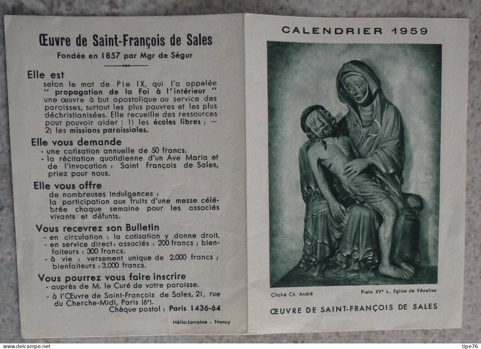 Petit Calendrier  De Poche  Image Pieuse 1959 Oeuvre De Saint François De Sales - Petit Format : 1941-60