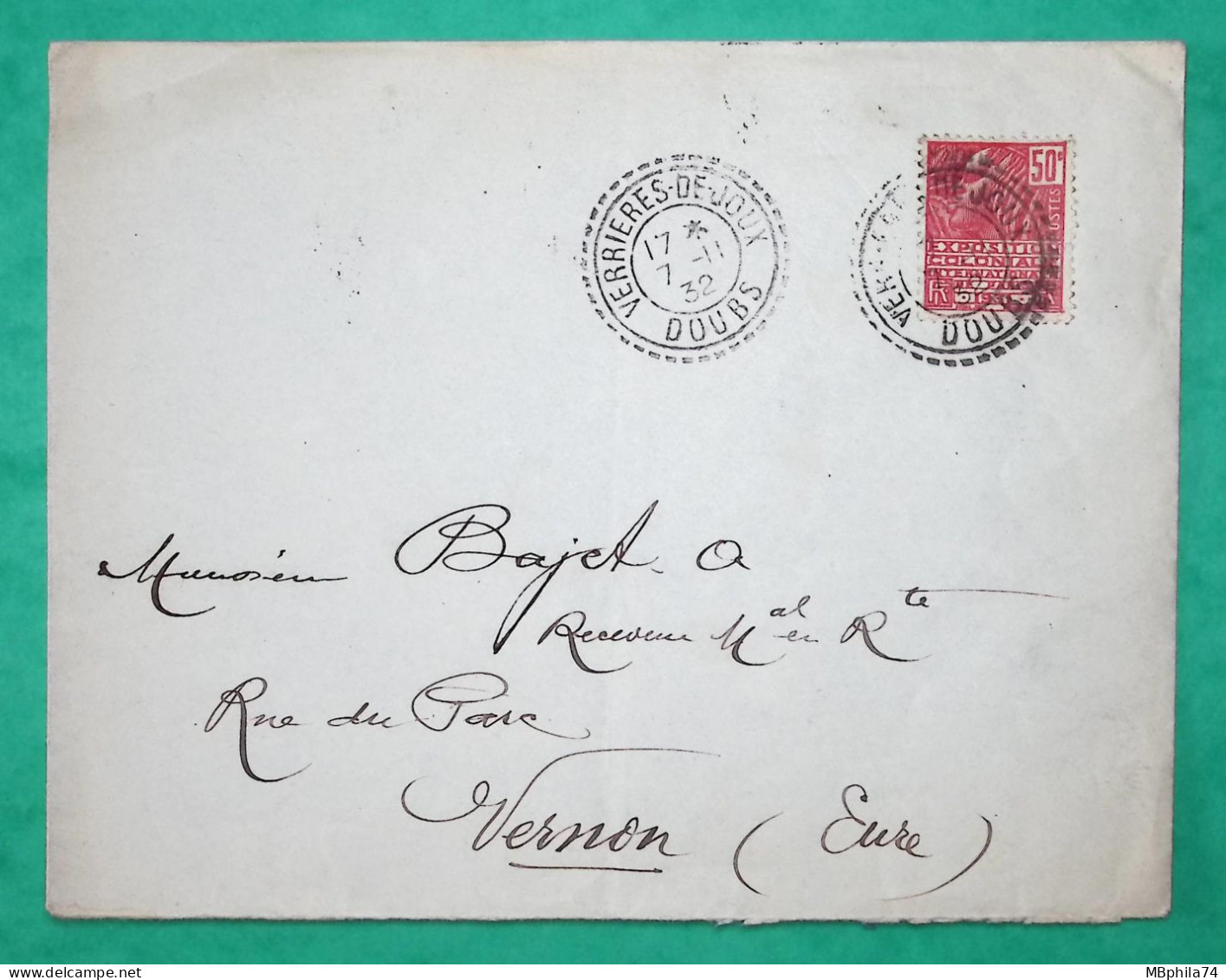 N°272 FEMME FACCHI CAD FB84 VERRIERES DE JOUX DOUBS POUR VERNON EURE 1932 LETTRE COVER FRANCE - 1903-60 Säerin, Untergrund Schraffiert