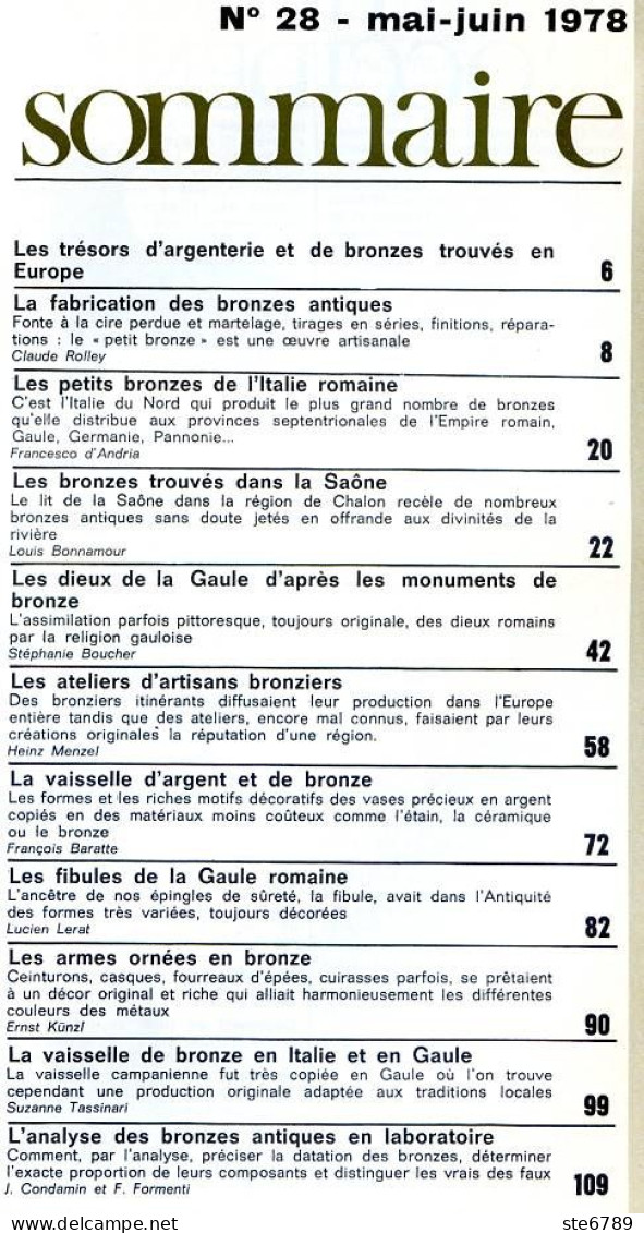 Dossiers De L'Archéologie N° 28 1978 Bronzes Romains , Statuette Vaisselle Fibules Armes , Techiques Et Ateliers - Archéologie