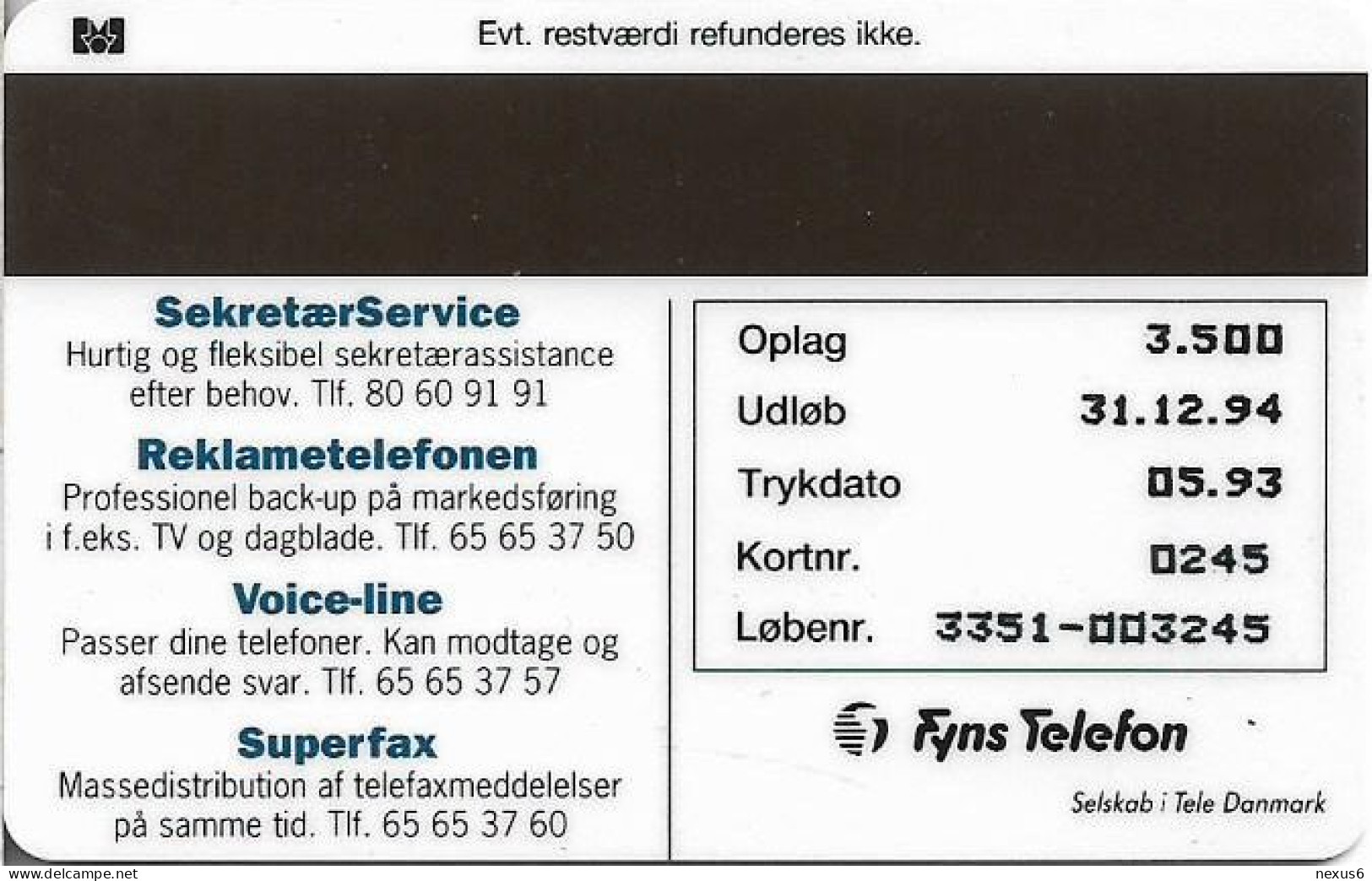 Denmark - Fyns - Fyns Telefon Phone Service - TDFP011 - 05.1993, 3.500ex, 5kr, Used - Denmark