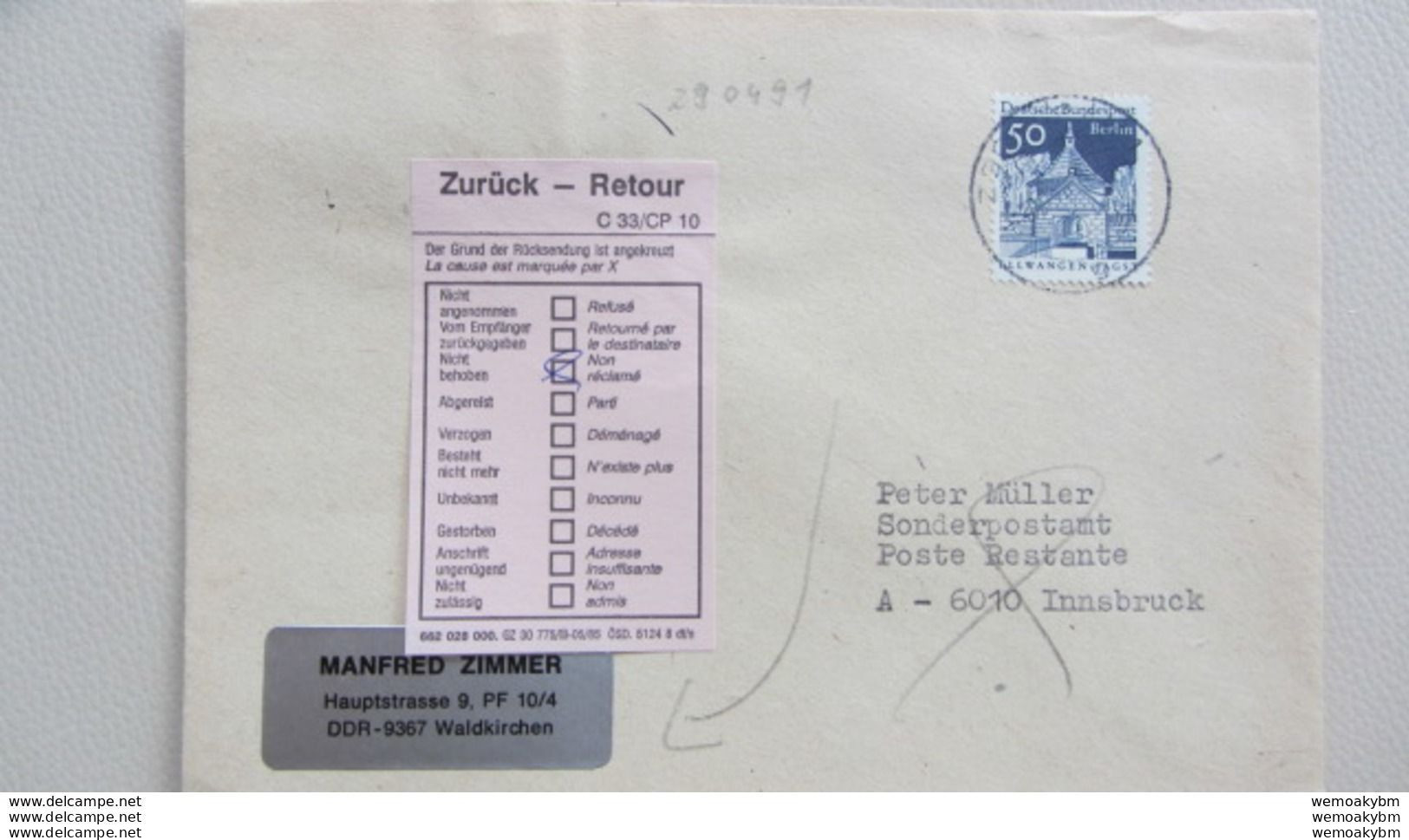 Berlin: Ausl-Brief 50 Pf Bauwerke II V. 30.03.91 Letzttag Der Ermäßigten VGO-Gebühr, Berliner Mkn Wenig Verw. Knr: 277 - Storia Postale