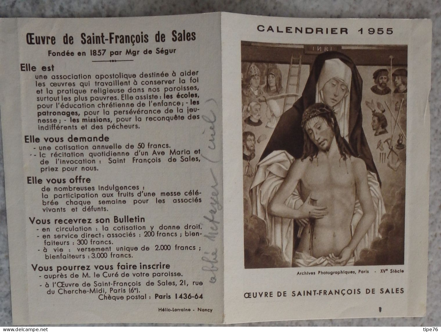 Petit Calendrier  De Poche  Image Pieuse 1955 Oeuvre De Saint François De Sales - Formato Piccolo : 1941-60