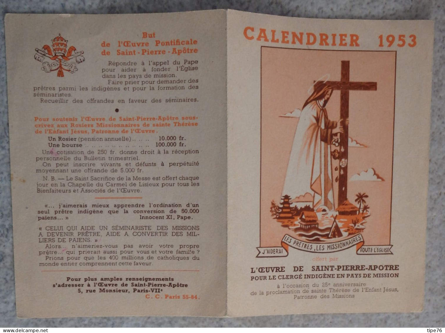 Petit Calendrier  De Poche  Image Pieuse 1953 Oeuvre De Saint Pierre Apotre - Klein Formaat: 1941-60