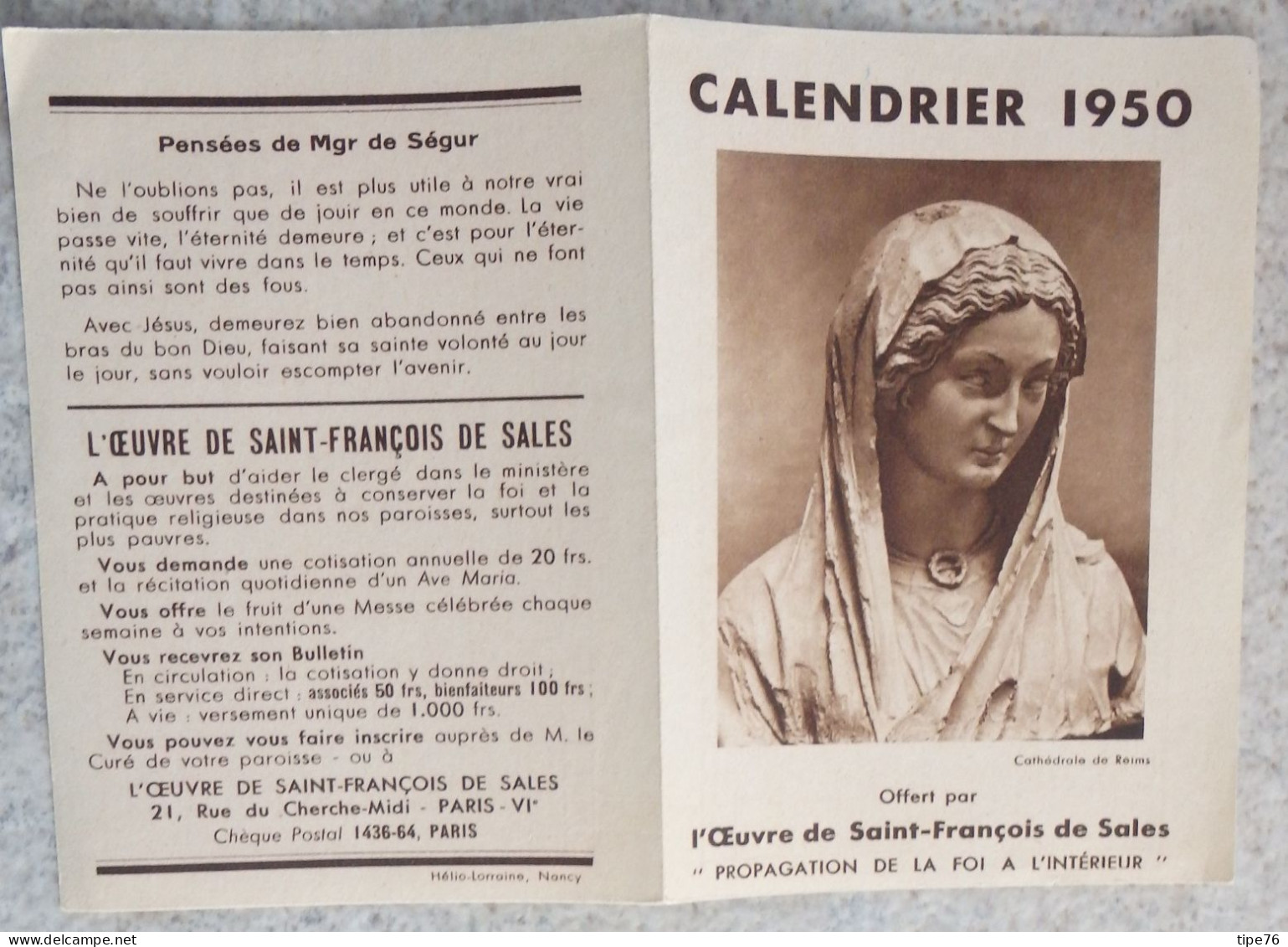 Petit Calendrier  De Poche  Image Pieuse 1950 Oeuvre De Saint François De Sales - Kleinformat : 1941-60