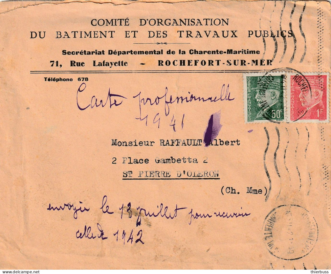 Tarif Janvier 1942 Petain 1f Et 50c Rochefort Sur Mer Charente Maritimes 4 Fevrier - Tarifs Postaux