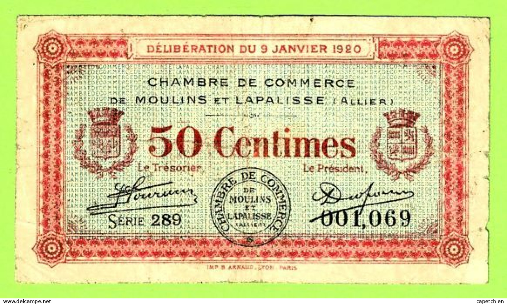 FRANCE /  CHAMBRE De COMMERCE De MOULINS & LAPALISSE / 50 CENTIMES / 9 JANVIER 1920  N° 001,069 / SERIE 289 - Handelskammer