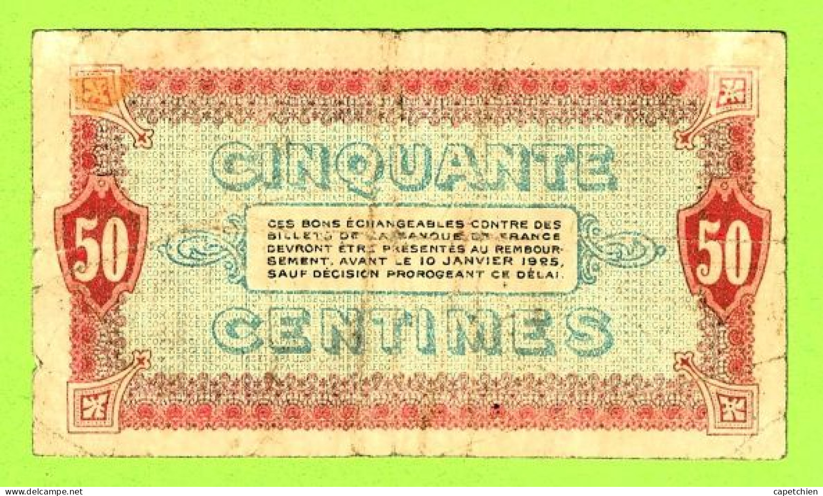 FRANCE /  CHAMBRE De COMMERCE De MOULINS & LAPALISSE / 50 CENTIMES / 9 JANVIER 1920  N° 001,069 / SERIE 289 - Cámara De Comercio