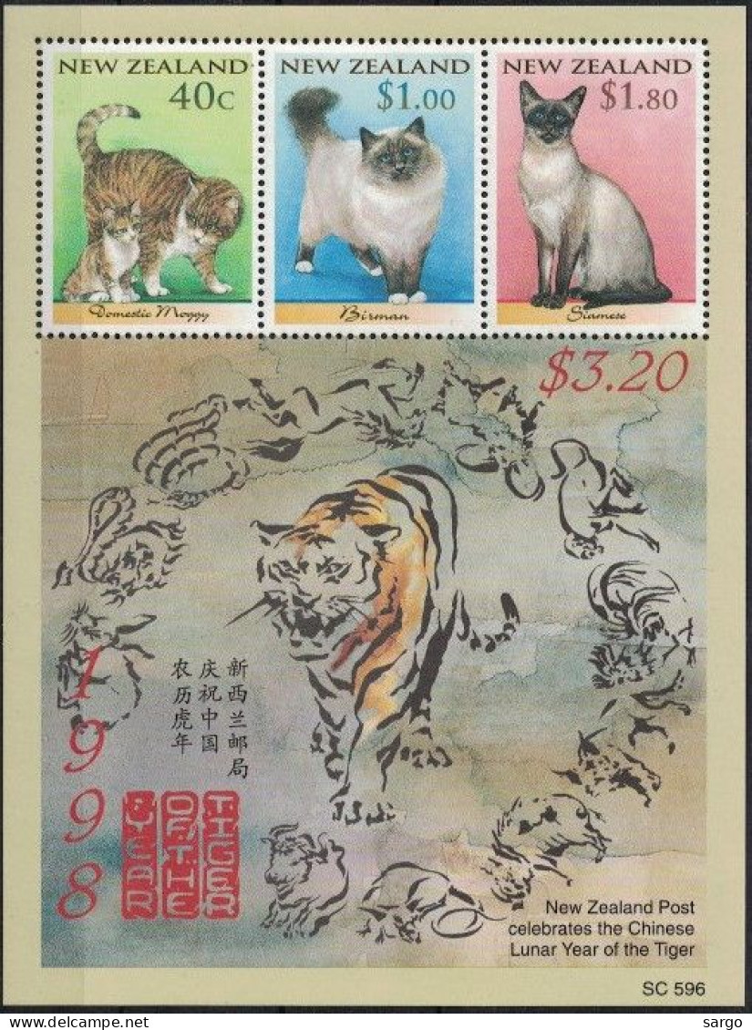 NEW ZEALAND  - 1998 - FAUNA - ANIMALS -  CAT - CATS - GATTI - 3 V - MNH - MINISHEET - - Gatos Domésticos