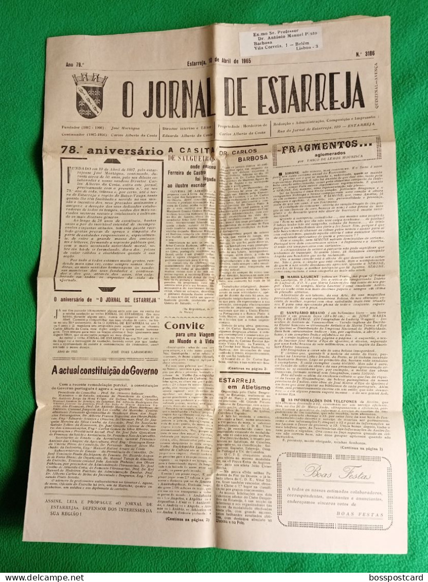 Estarreja - O Jornal De Estarreja, 10 Abril De 1965 . Imprensa. Aveiro. Portugal. - Algemene Informatie