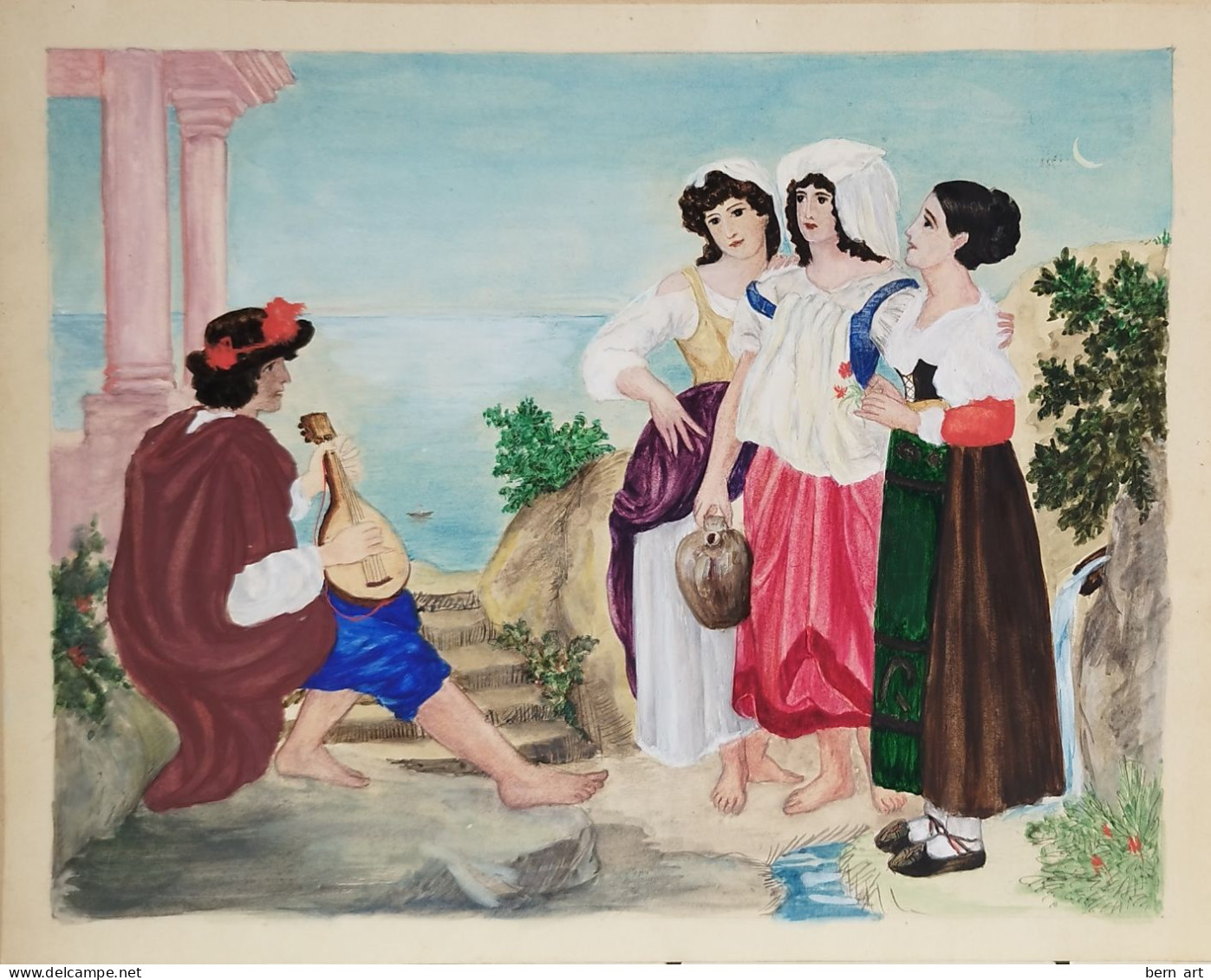 Aquarelle Et Dessin: Trois Jeunes Filles & Musicien. Scène De Genre De La Vie Quotidienne. B.F. Fond D'Atelier Vers 1900 - Wasserfarben