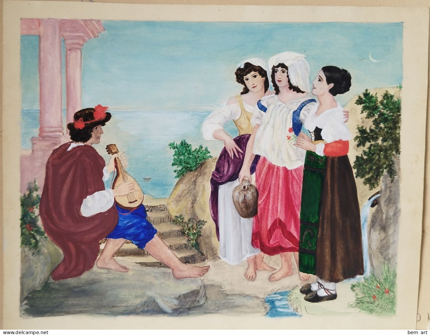 Aquarelle Et Dessin: Trois Jeunes Filles & Musicien. Scène De Genre De La Vie Quotidienne. B.F. Fond D'Atelier Vers 1900 - Aquarel