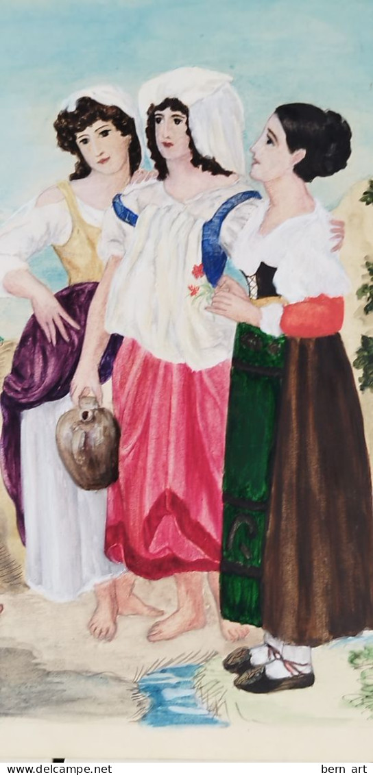 Aquarelle Et Dessin: Trois Jeunes Filles & Musicien. Scène De Genre De La Vie Quotidienne. B.F. Fond D'Atelier Vers 1900 - Watercolours