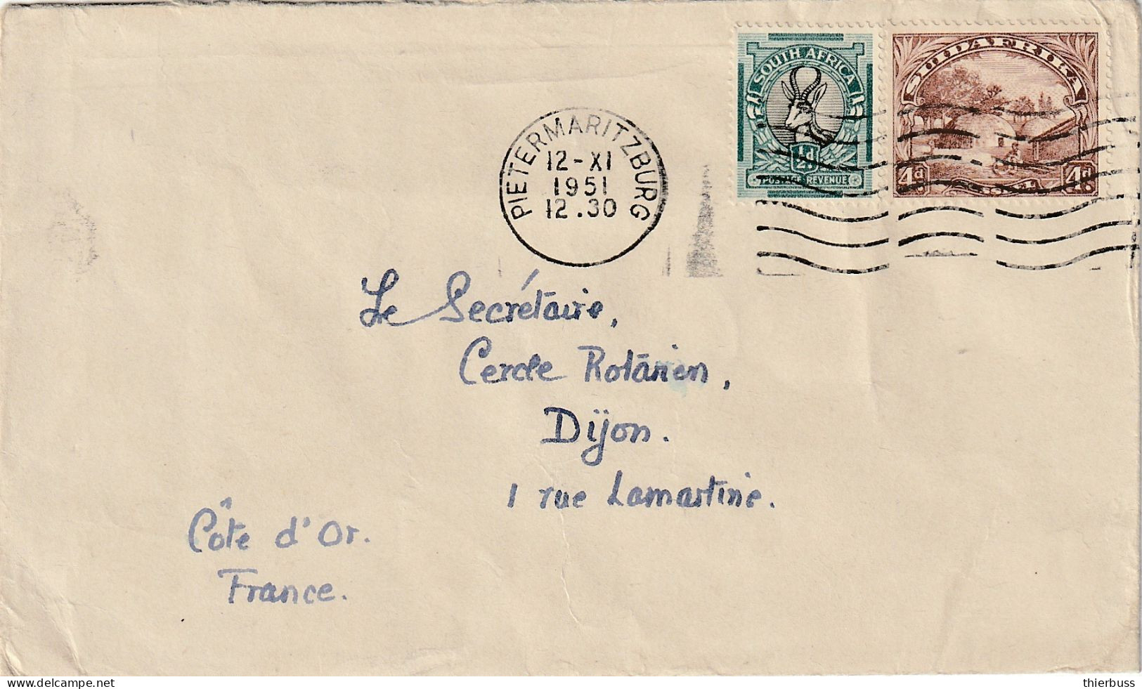 Pietermaritzburg 1951 Lettre Pour Dijon France - Storia Postale