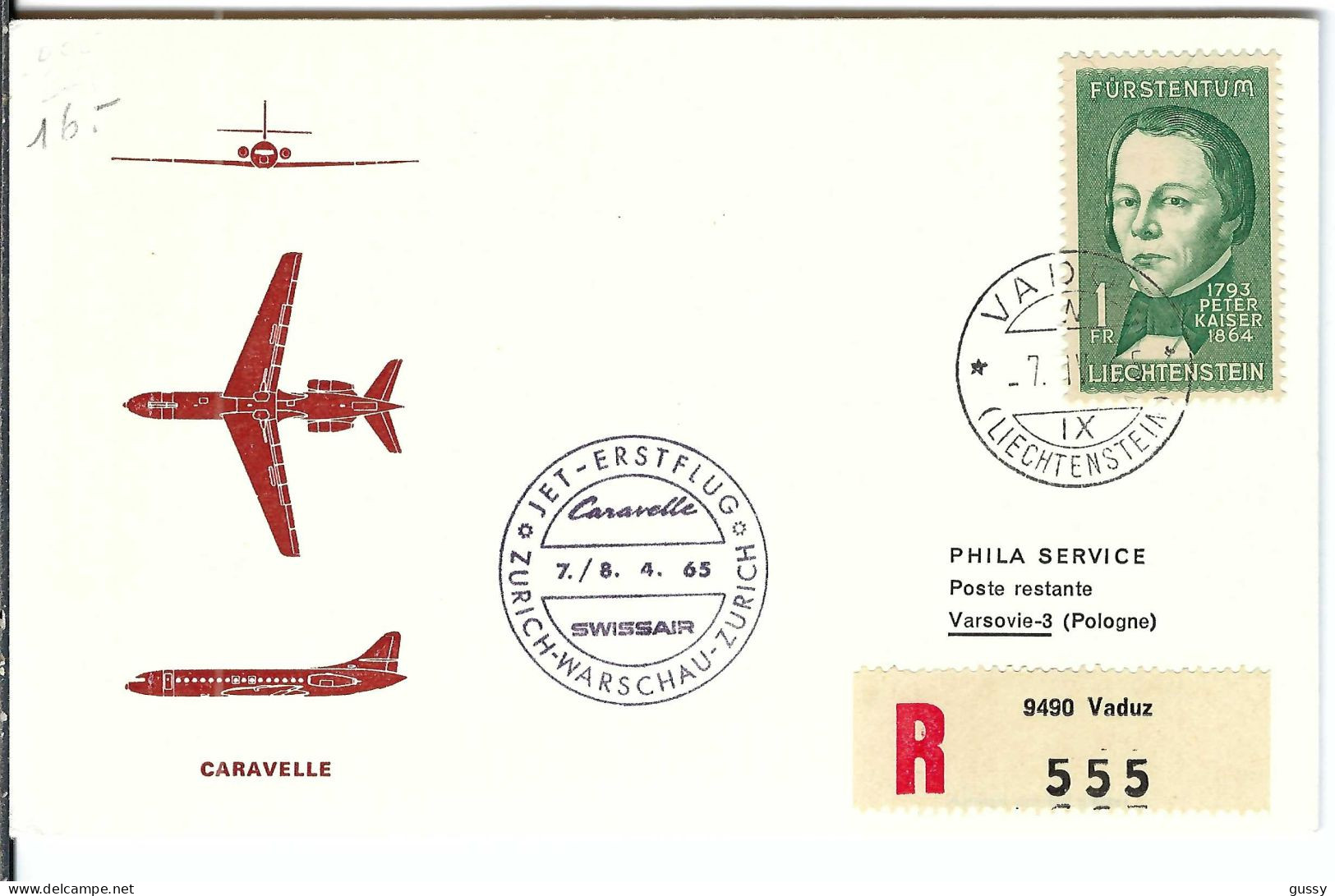 LIECHTENSTEIN 1965: LSC Rec. De Vaduz à Varsovie (Pologne), 1er Vol Swissair Zürich-Varsovie - Aéreo