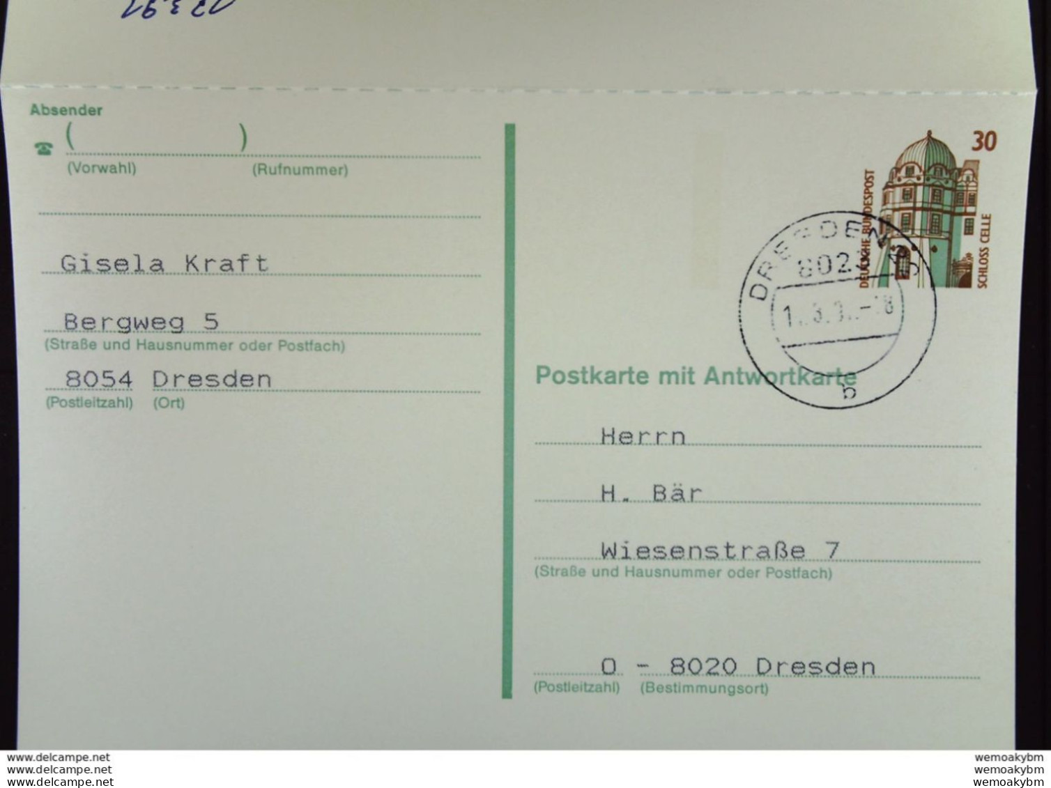 DDR: Doppel-Gs-Karte Kpl. 30/30 Celle Gest. In 8010 Dresden 14.3.91 Und 8070 Dresden 18.3.91 Gs Wenig Vorhand.Knr: P 148 - Postkaarten - Gebruikt