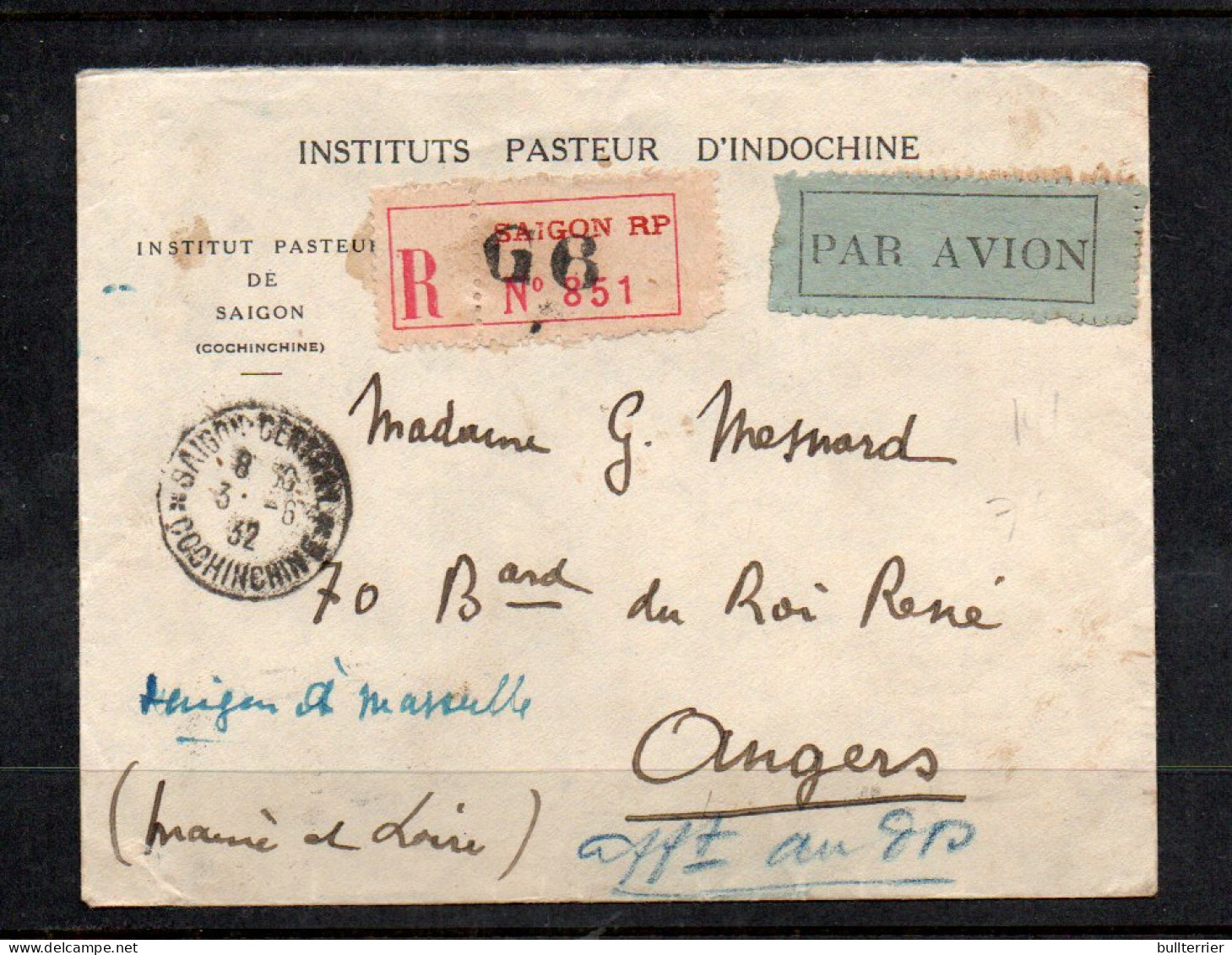 INDO CHINA - 1932 AIR ORIENT REG COVER FROM PASTUER INSTITUE SIAGON TO ANGERS FRANCE  - Poste Aérienne