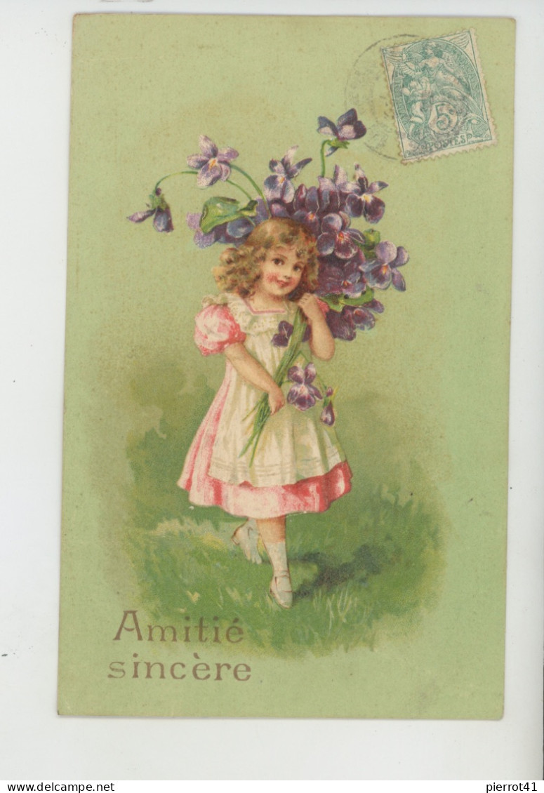 ENFANTS - LITTLE GIRL - MAEDCHEN - Jolie Carte Fantaisie Gaufrée Fillette Et Violettes "Amitié Sincère" (embossed Card) - Dessins D'enfants