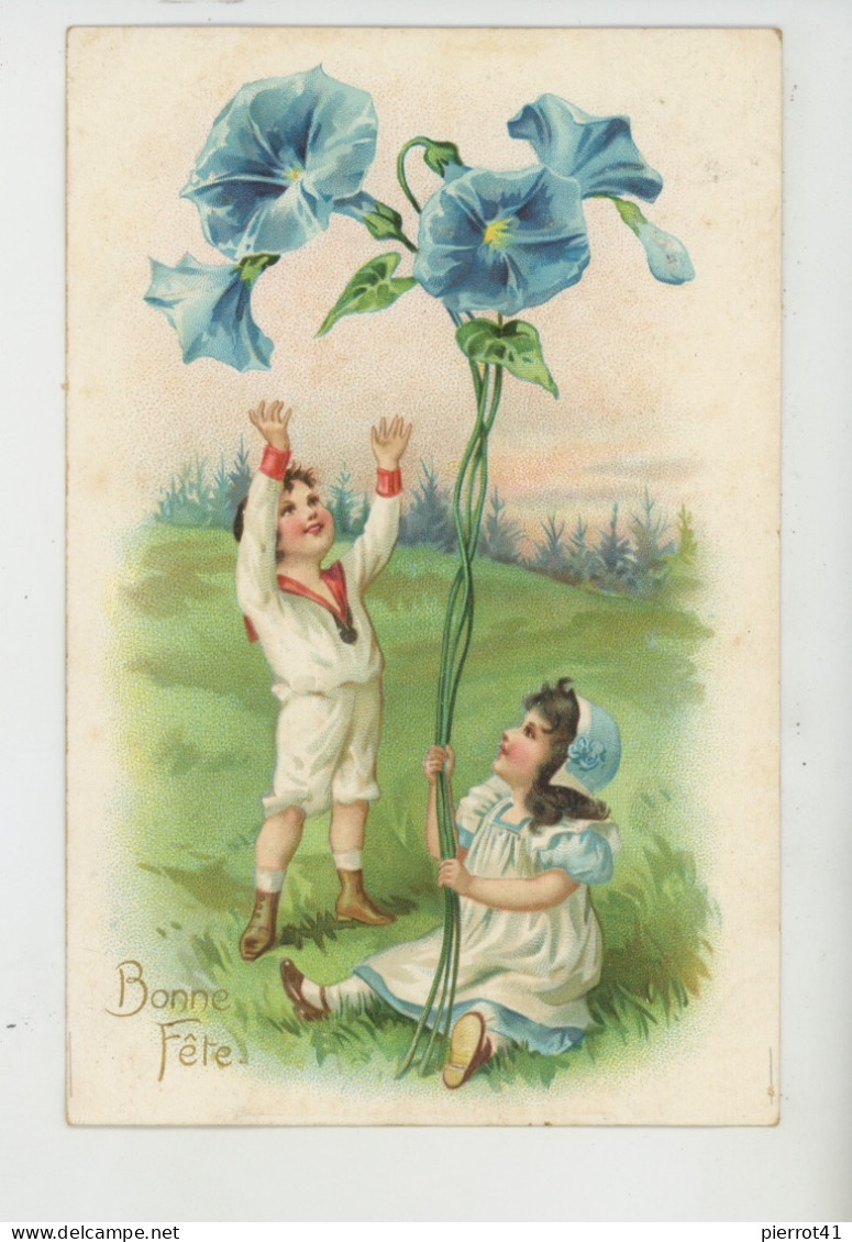 ENFANTS - LITTLE GIRL - MAEDCHEN - Jolie Carte Fantaisie Gaufrée Enfants Et Fleurs Bleues "Bonne Fête" (embossed Card) - Children's Drawings