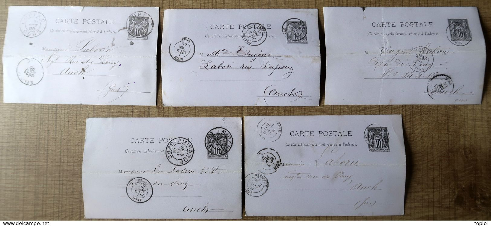 Lot De 5 Cartes Postales Entier Postaux 10c Type Sage. Carton Violet (Oblitération Du Gers) - Collezioni & Lotti: PAP & Biglietti