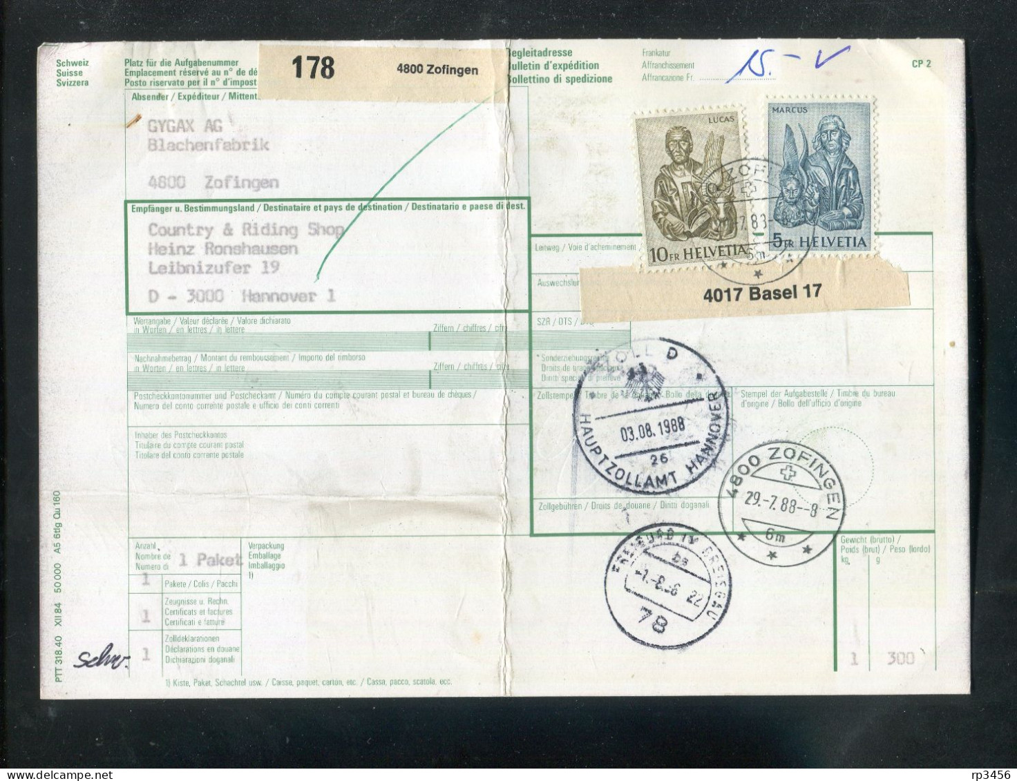 "SCHWEIZ" 1988, Auslandspaketkarte Ex Zofingen Nach Hannover, Frankatur ! (R1039) - Storia Postale