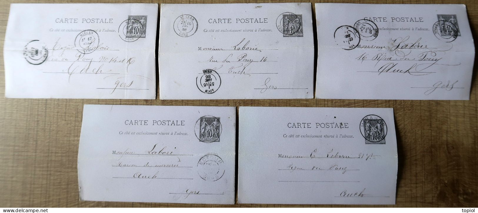 Lot De 5 Cartes Postales Entier Postaux 10c Type Sage. Carton Violet (Oblitération Du Gers) - Collections & Lots: Stationery & PAP