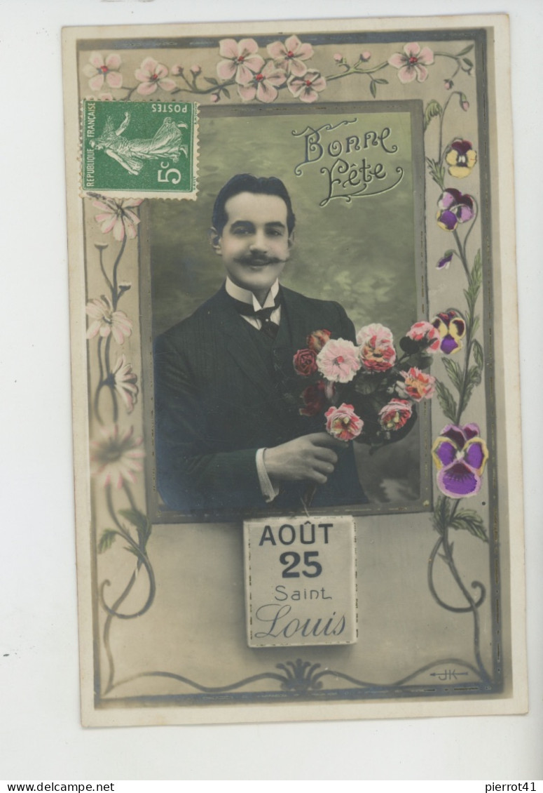 HOMMES - Jolie Carte Fantaisie  Portrait Homme Dans Cadre Et Fleurs Prénom LOUIS - Voornamen