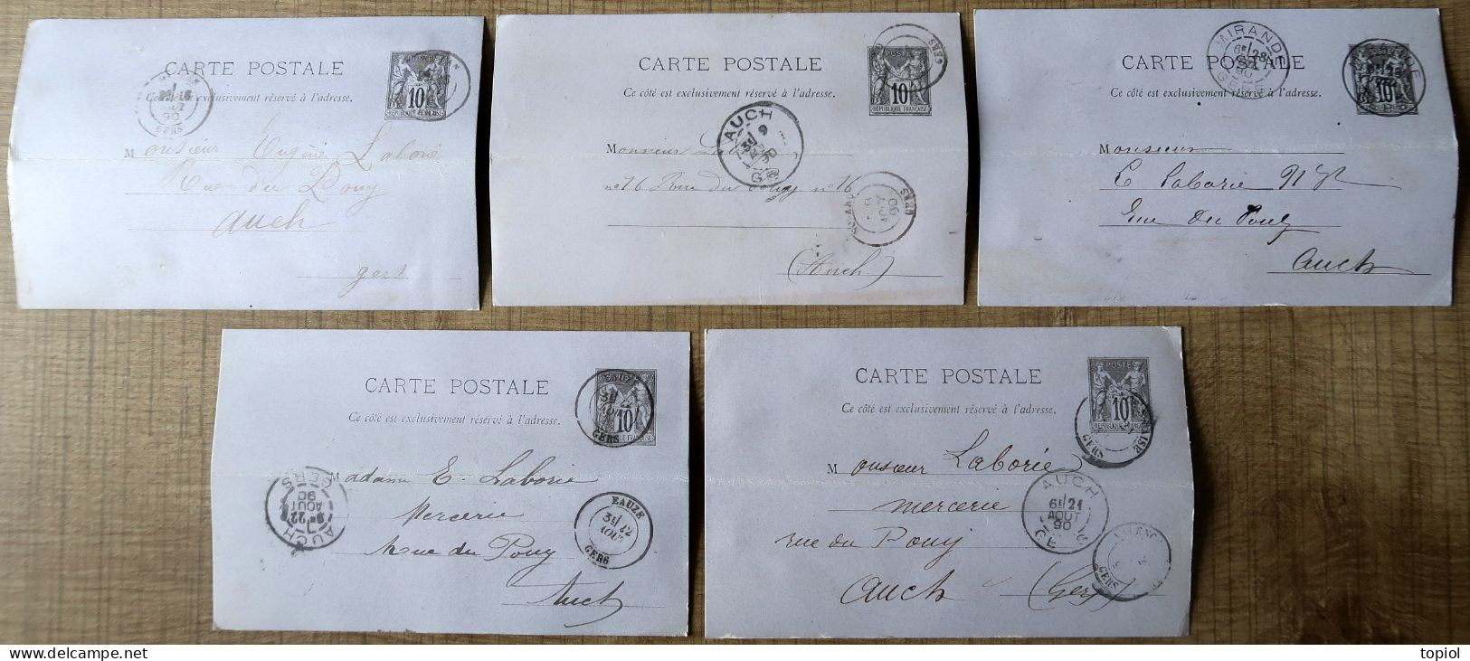 Lot De 5 Cartes Postales Entier Postaux 10c Type Sage. Carton Violet (Oblitération Du Gers) - Konvolute: Ganzsachen & PAP