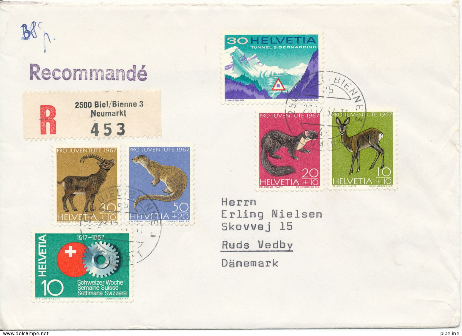 Switzerland Registered Cover Sent To Denmark Biel/Bienne 3 Neumarkt 23-12-1967 With Complete Set Pro Juventute 1967 And - Lettres & Documents