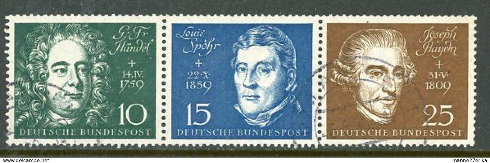 -Germany-1959-"Composers" USED  Strip Of 3 - Usados