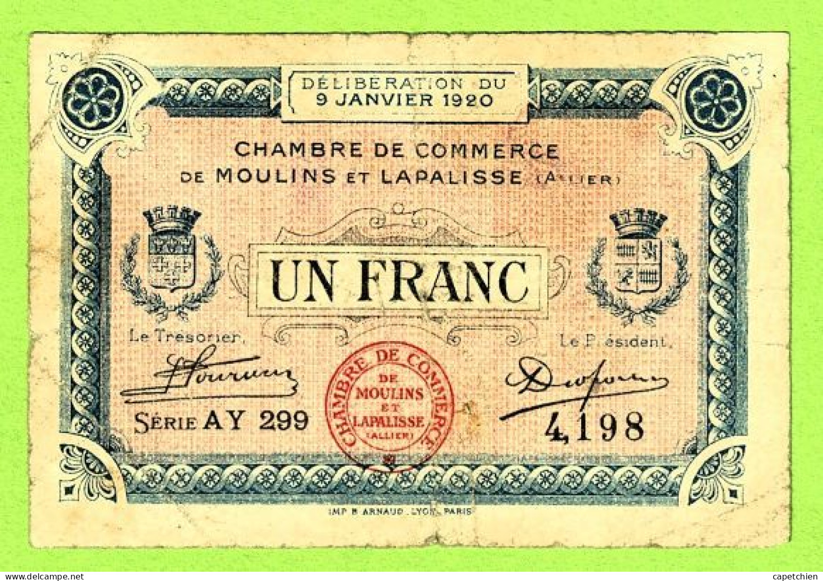 FRANCE /  CHAMBRE De COMMERCE De MOULINS & LAPALISSE / 1 FRANC / 9 JANVIER 1920  N° 4,198 / SERIE AY 299 - Chambre De Commerce