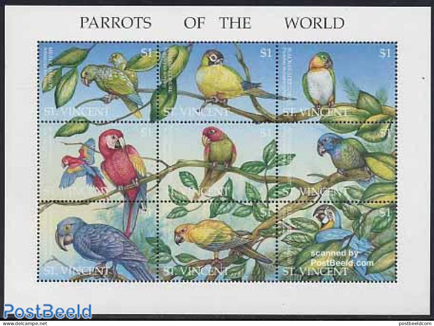 Saint Vincent 1995 Parrots 9v M/s, Mint NH, Nature - Birds - Parrots - St.Vincent (1979-...)