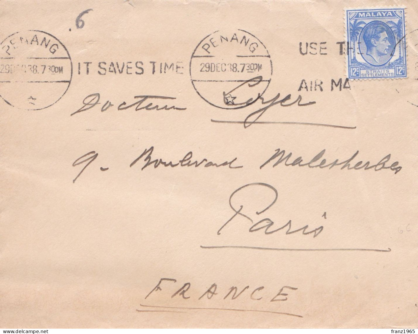 From Malaya To France - 1938 - Straits Settlements