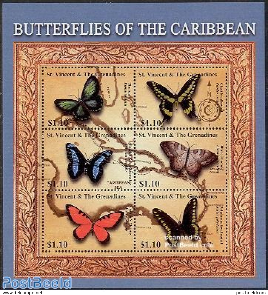 Saint Vincent 2001 Caribbean Butterflies 6v M/s (6x1.10$), Mint NH, Nature - Various - Butterflies - Maps - Geography