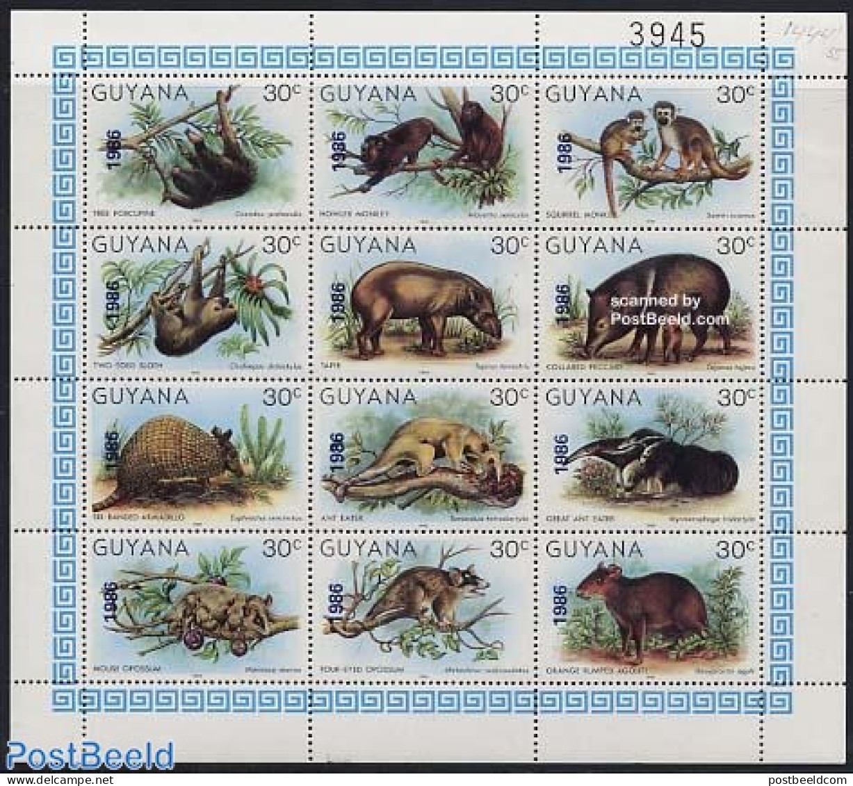 Guyana 1986 Animals 12v M/s, 1986 Overprints, Mint NH, Nature - Animals (others & Mixed) - Guyana (1966-...)