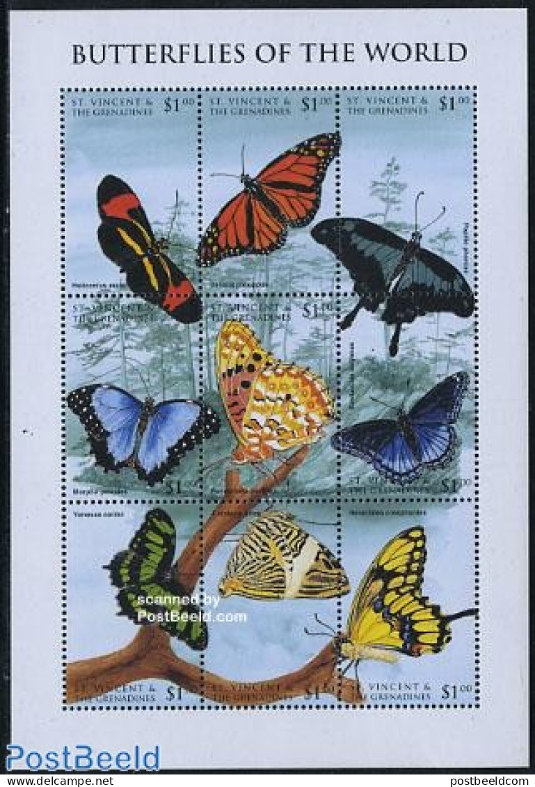 Saint Vincent 1998 Butterflies 9v M/s, Mint NH, Nature - Butterflies - St.Vincent (1979-...)