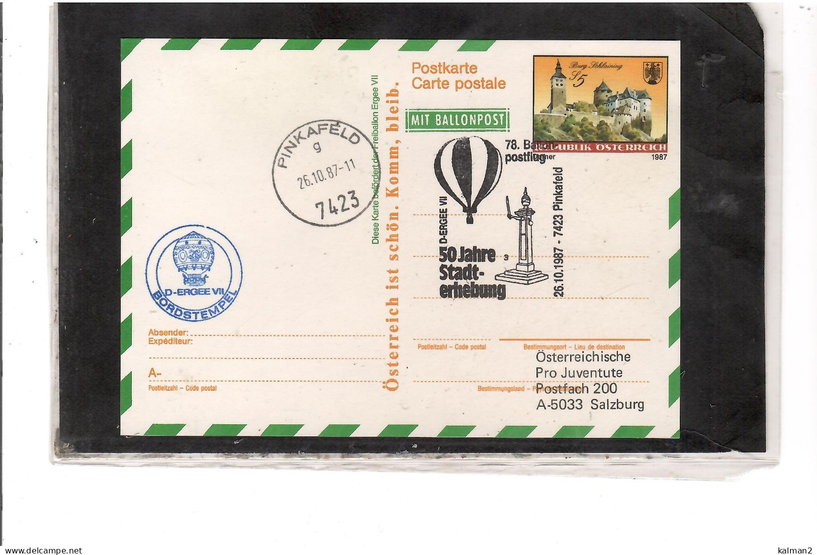 TEM20418   -   PINKAFELD  26.10.1987    /  78. BALLONPOSTFLUG -  NETTO KATALOG NR. 78a   - BALLON "  D-ERGEE VII  " - Montgolfières