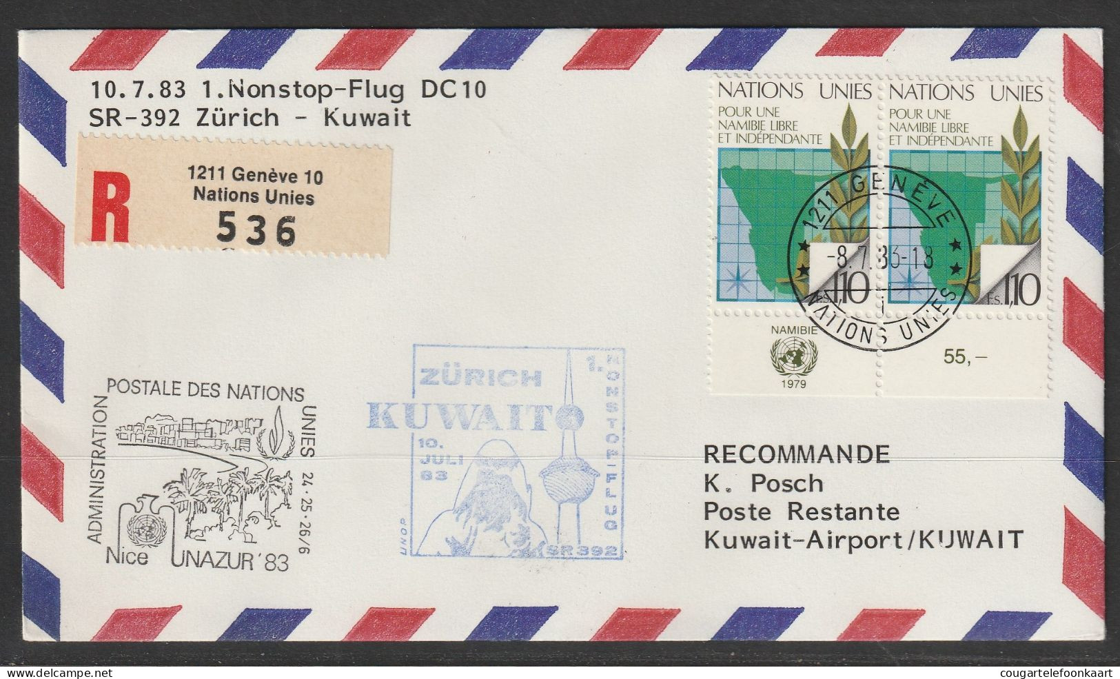 1983, Swissair, Erstflug, Genf UN - Zürich - Kuwait - First Flight Covers
