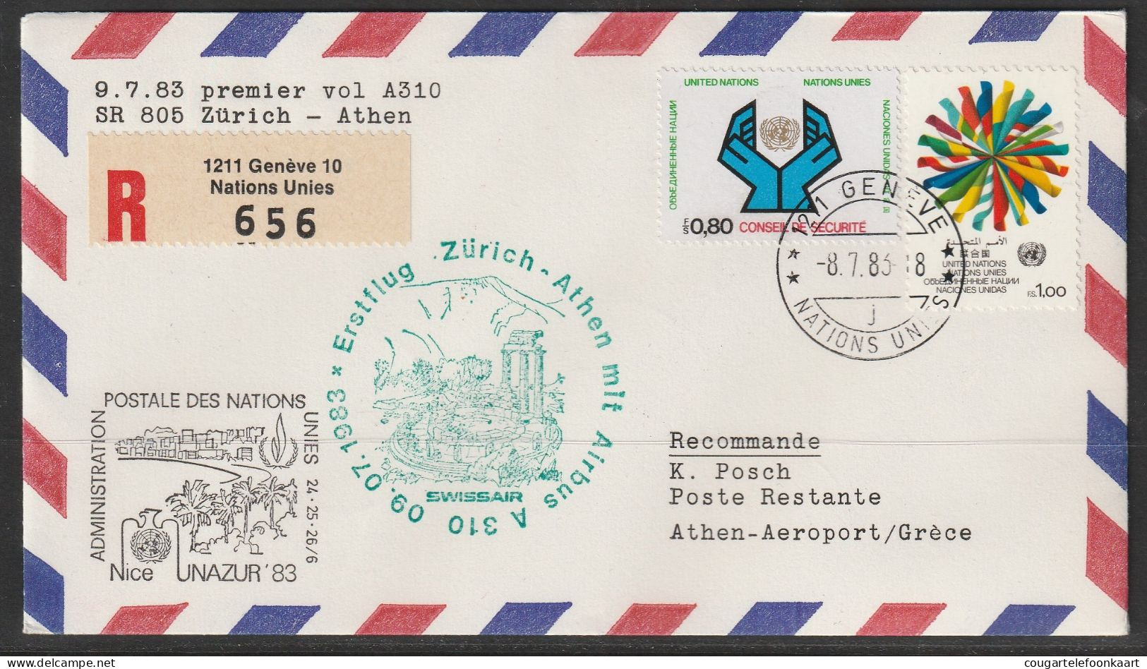 1983, Swissair, Erstflug, Genf UN - Athen/Athens Greece - Erst- U. Sonderflugbriefe