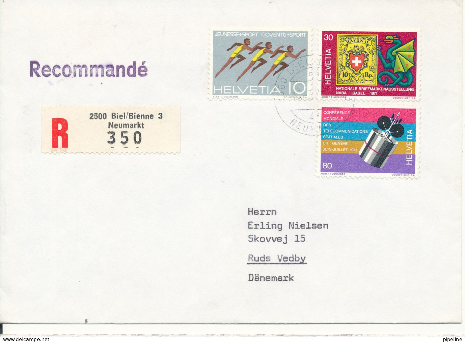 Switzerland Registered Cover Sent To Denmark Biel/Bienne 3 Neumarkt 15-3-1971 - Brieven En Documenten