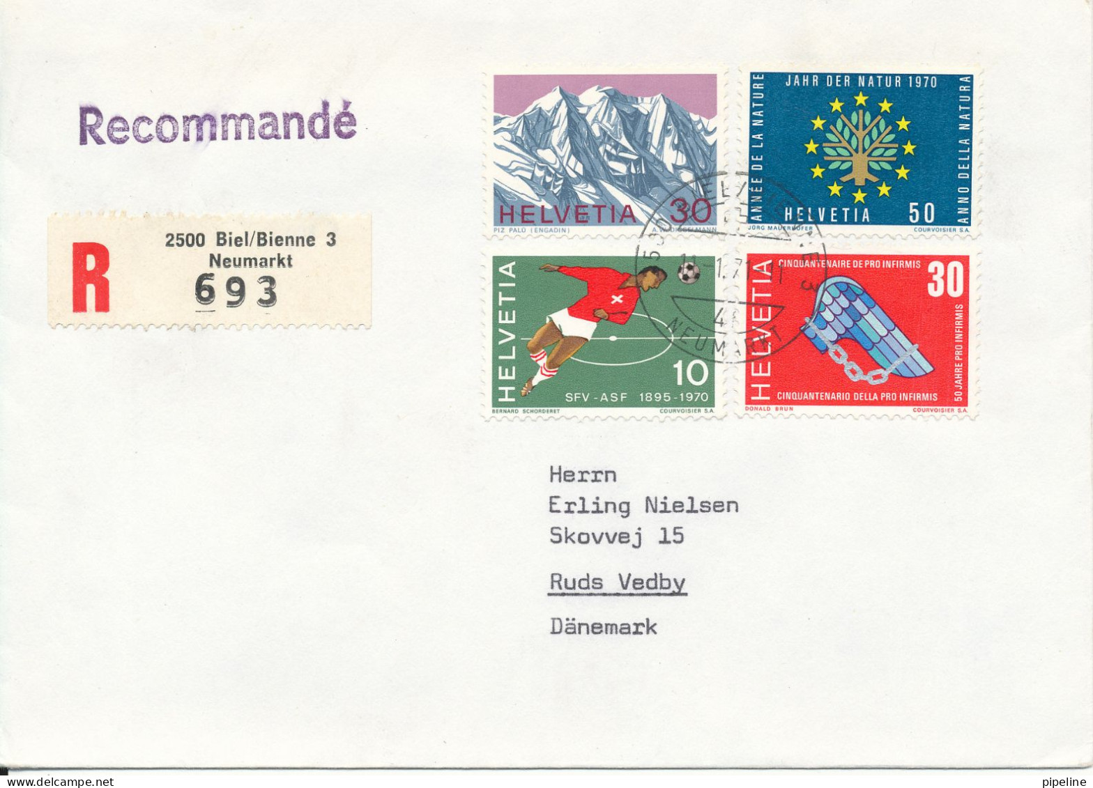 Switzerland Registered Cover Sent To Denmark Biel/Bienne 3 Neumarkt 11-1-1971 - Brieven En Documenten