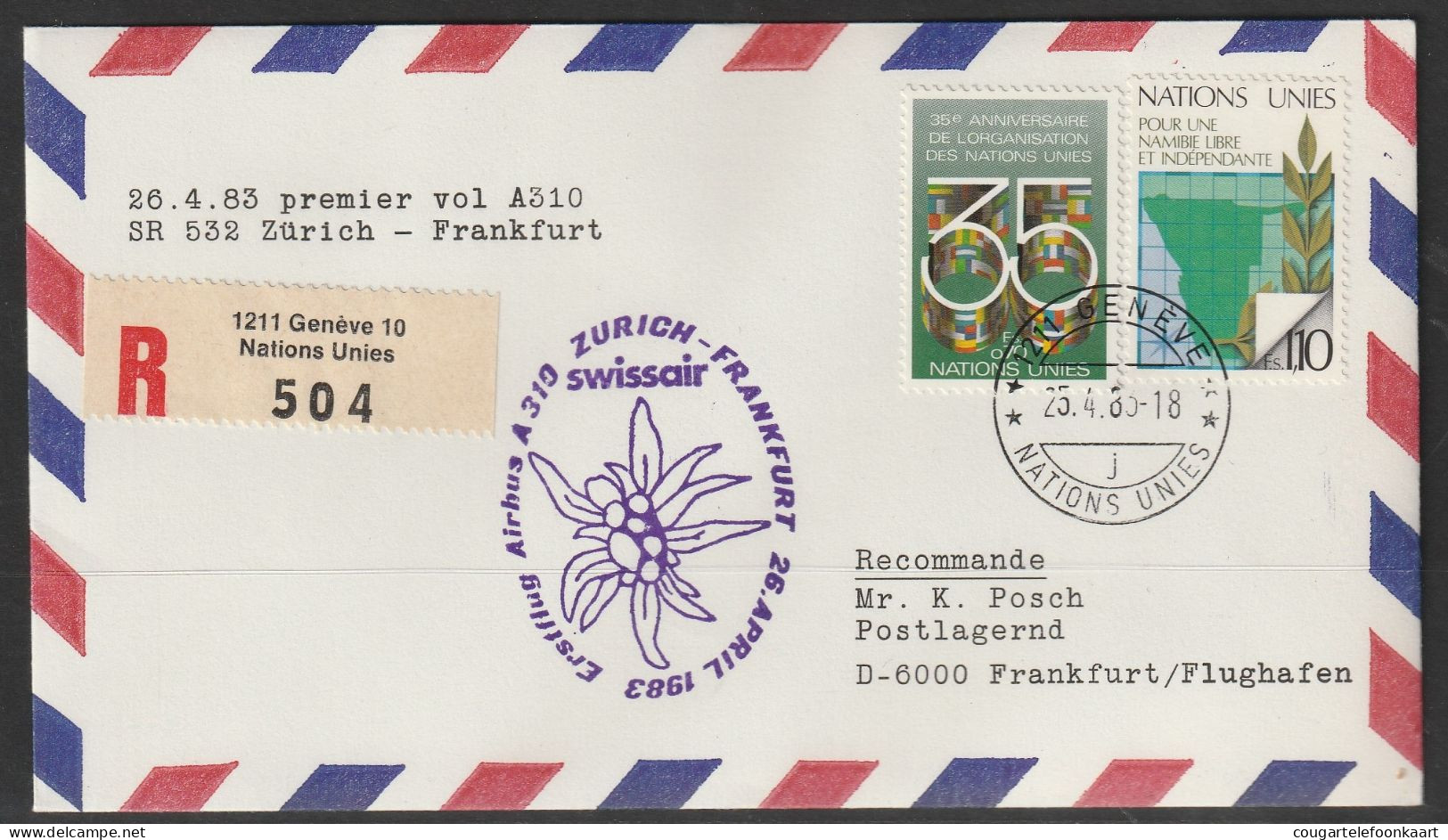 1983, Swissair, Erstflug, Genf UN - Frankfurt - Erst- U. Sonderflugbriefe