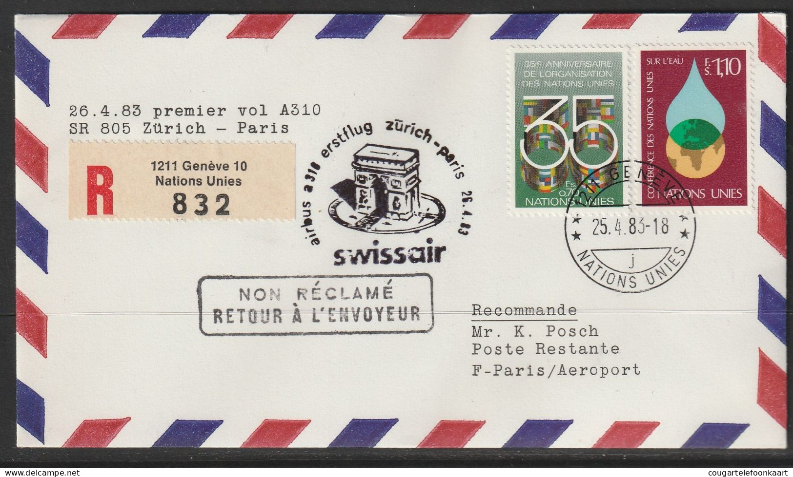 1983, Swissair, Erstflug, Zürich - Genf UN - Paris - Erst- U. Sonderflugbriefe