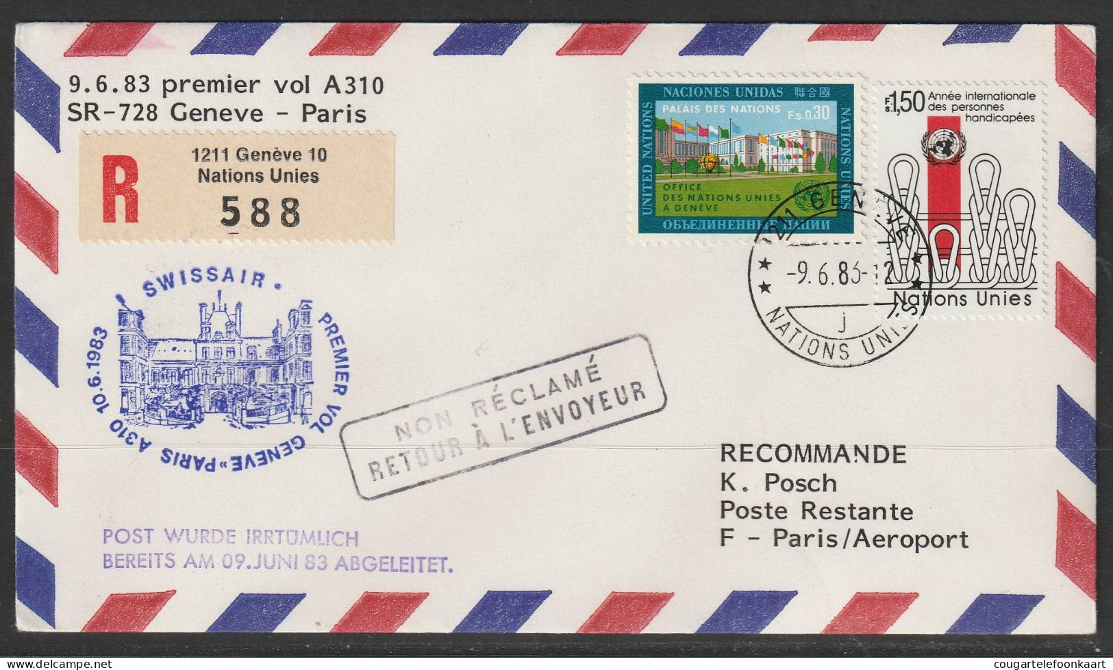 1983, Swissair, Erstflug, Genf UN - Paris - Erst- U. Sonderflugbriefe