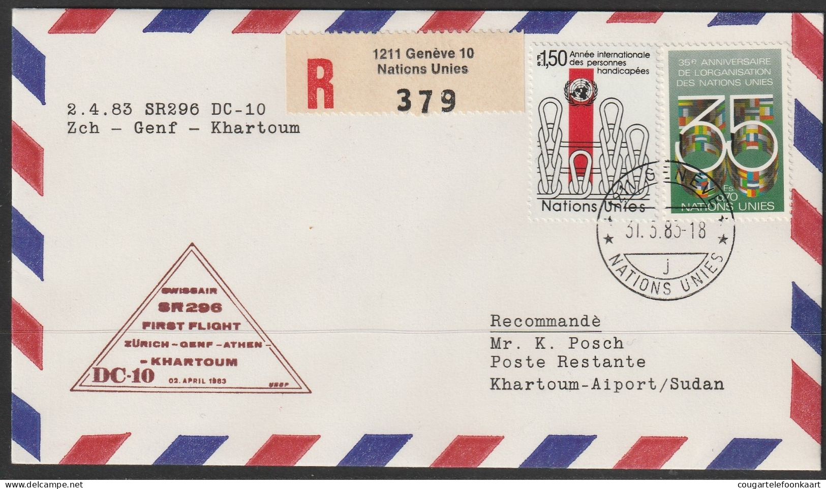 1983, Swissair, Erstflug, Genf UN - Khartoum Sudan - First Flight Covers