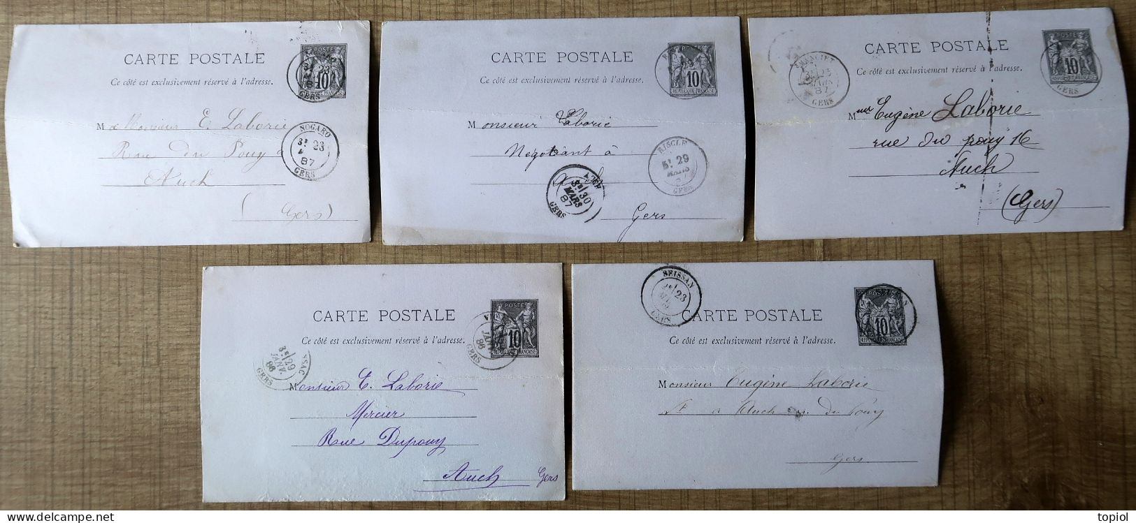 Lot De 5 Cartes Postales Entier Postaux 10c Type Sage. Carton Violet (Oblitération Du Gers) - Lots Et Collections : Entiers Et PAP