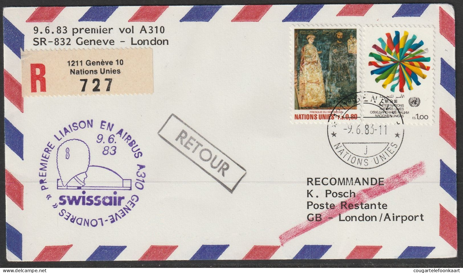 1983, Swissair, Erstflug, Genf UN - London - First Flight Covers