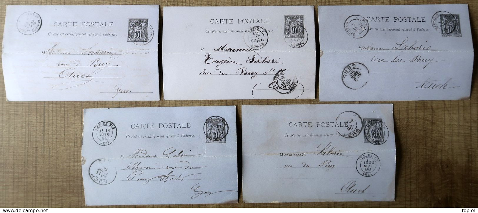 Lot De 5 Cartes Postales Entier Postaux 10c Type Sage. Carton Violet (Oblitération Du Gers) - Verzamelingen En Reeksen: PAP