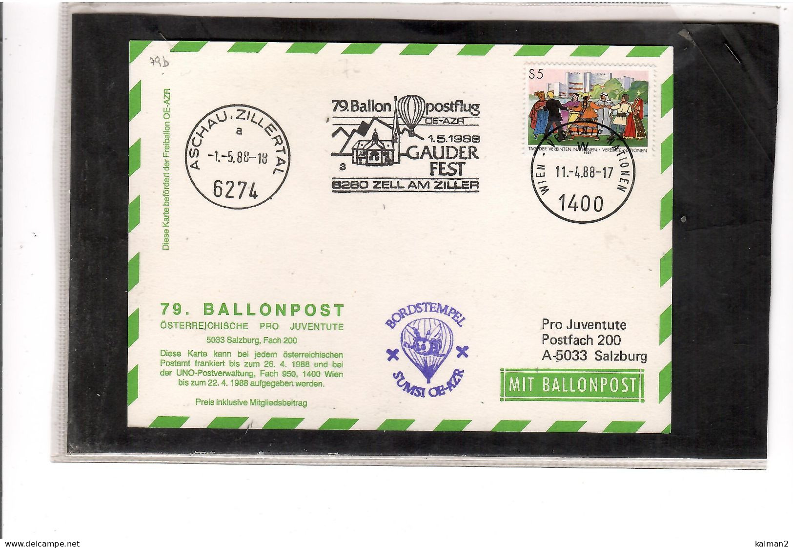 TEM20426   -   ZELL AM ZILLER  1.5.1988   /  79. BALLONPOSTFLUG -  NETTO KATALOG NR. 79b   - BALLON "  SUMSI  OE-AZR   " - Mongolfiere